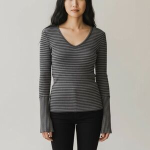 * Philosophy Knit Top Size M Grey Black Stripe V-neck